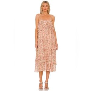 Something Navy Floral Pleated Tiered Dress in Cream Multi Women's S NWT